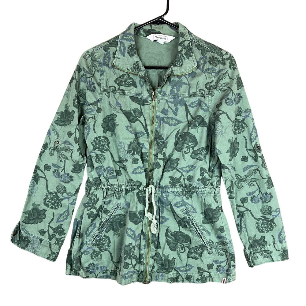 Adam Levine Womens Jacket Green Utility Floral Roll Tab Sleeve Full Zip Cotton M
